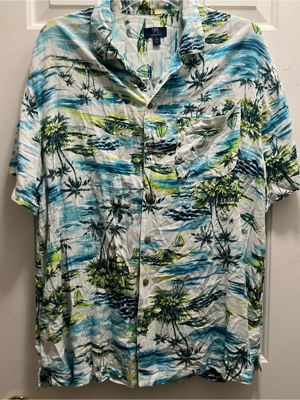 George Mens Blue Green Tropical Hawaiian Shirt Size XL 100% Rayon